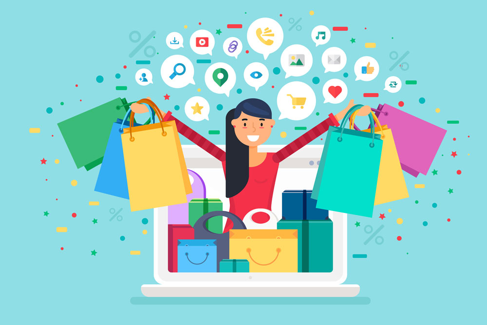 A cartoon woman popping out of a computer screen holding up multiple colourful shopping bags in her raised arms. | Google Ads Manager Brisbane Page Featured Image.
