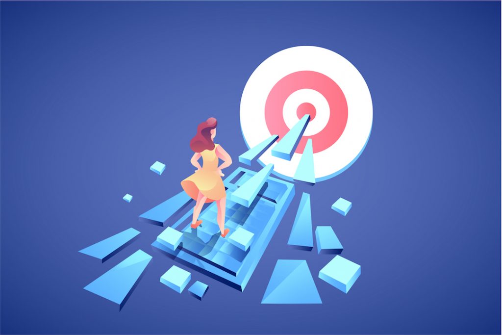 Digital graphic of woman doing marketing towards a target | Featured image for questions to ask your seo agency.