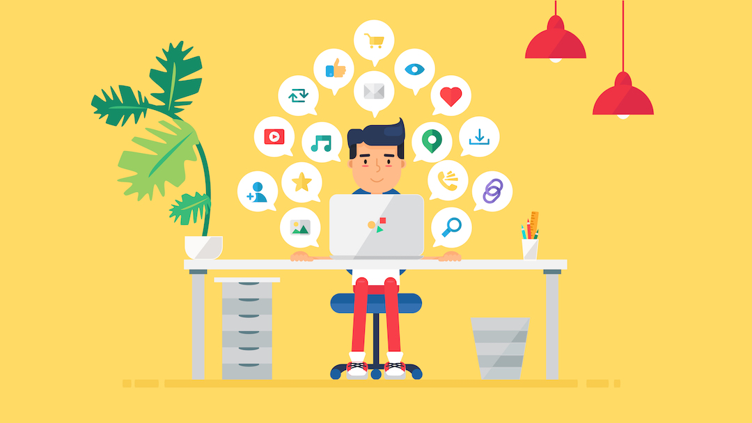 Graphic of man sitting on chair with social bubbles hovering over him | Featured image for ways to increase social presence.