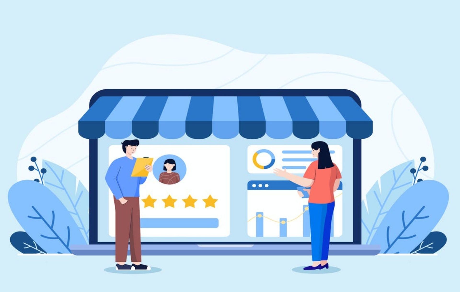 Illustration of guy and lady looking at Google My Business reviews | Featured Image Fake Google Reviews and How to Deal with Them Blog