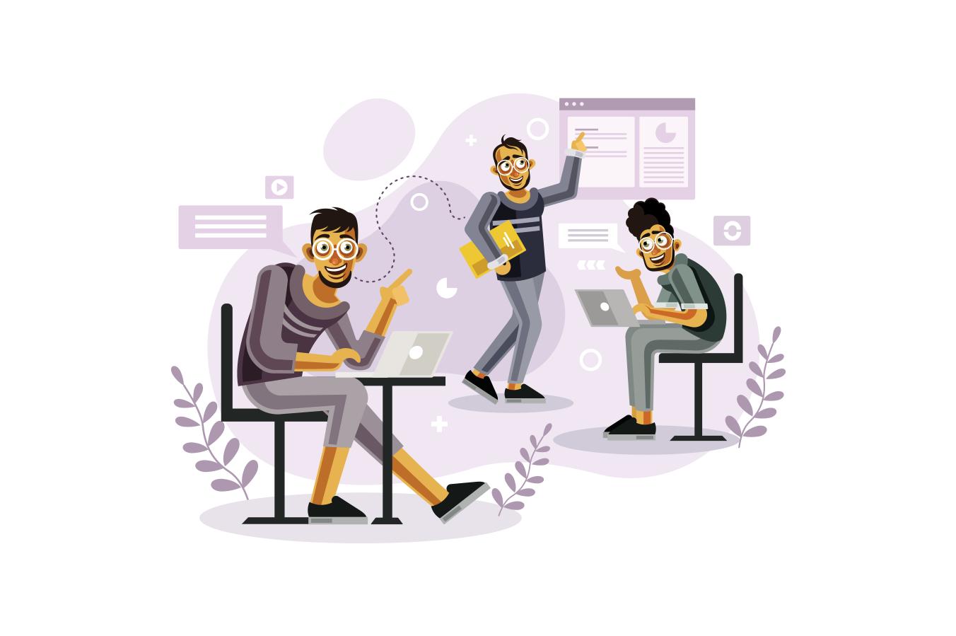 Cartoon people discussing a technical concept. | Featured image for What is Backlinking Blog on Resurge Digital.